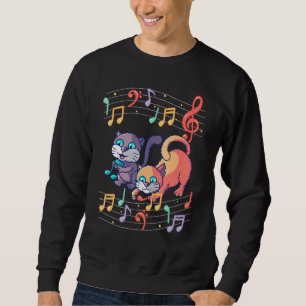 Cute Cat Play Music Note Clef Musician Art Pian Lång Ärmad Tröja