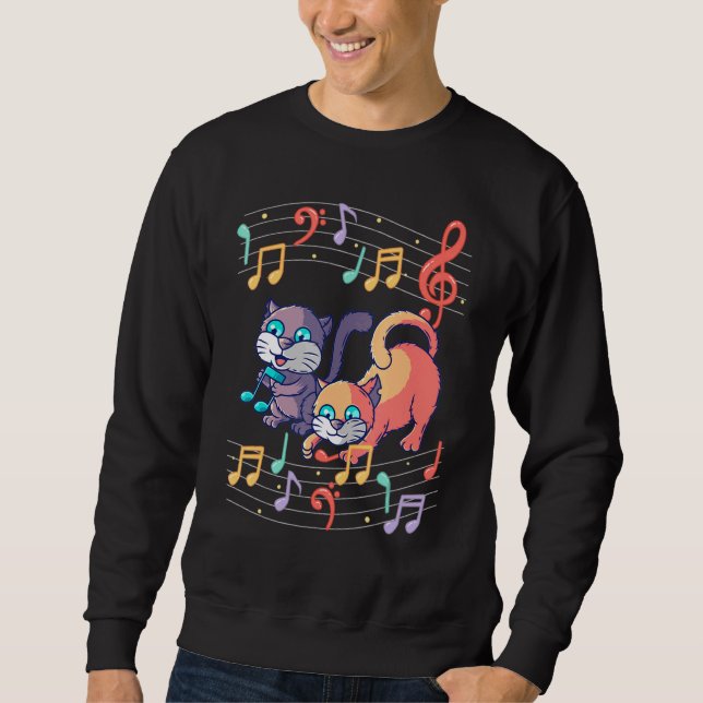 Cute Cat Play Music Note Clef Musician Art Pian Lång Ärmad Tröja (Framsida)