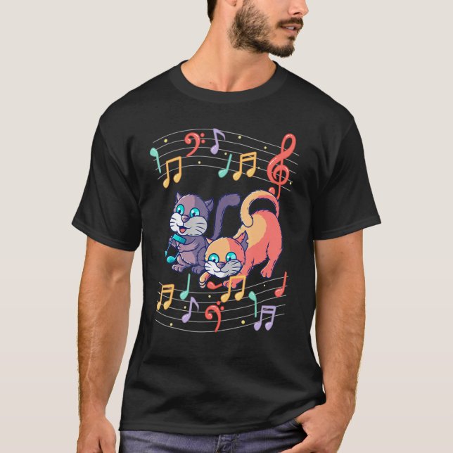 Cute Cat Play Music Note Clef Musician Art Pian T Shirt (Framsida)