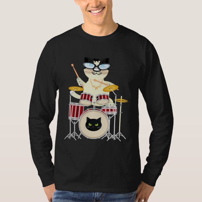 Cute Cat Playing Drum Drums & Cats   Drummer T Shirt (Framsida)