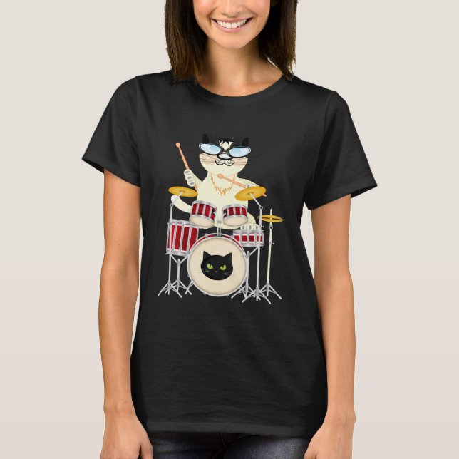 Cute Cat Playing Drum Drums & Cats   Drummer T Shirt (Framsida)