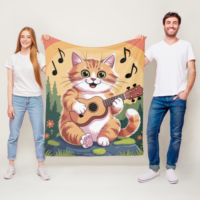 Cute Cat Playing Ukuele Fleecefilt (På plats)