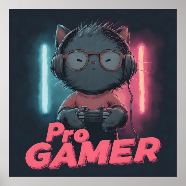 Cute Cat "Pro Gamer" med hörlurar Poster (Framsidan)