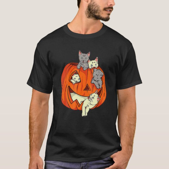 Cute Cat Pumpkin Carved Jack o lantern Cat Halldue T Shirt (Framsida)