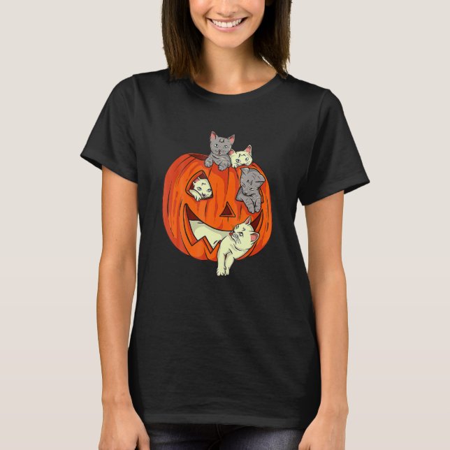 Cute Cat Pumpkin Carved Jack o lantern Cat Halldue T Shirt (Framsida)