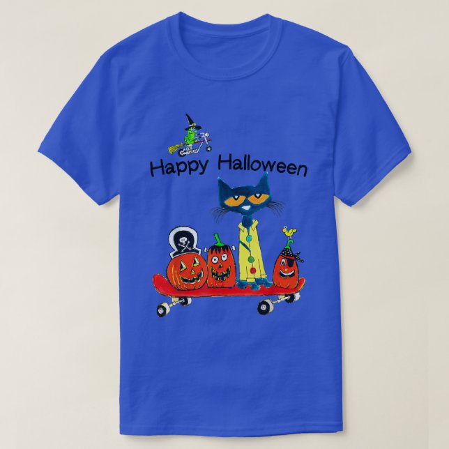 Cute Cat Pumpkin Skateboard Funny Halloween Witch T Shirt (Design framsida)
