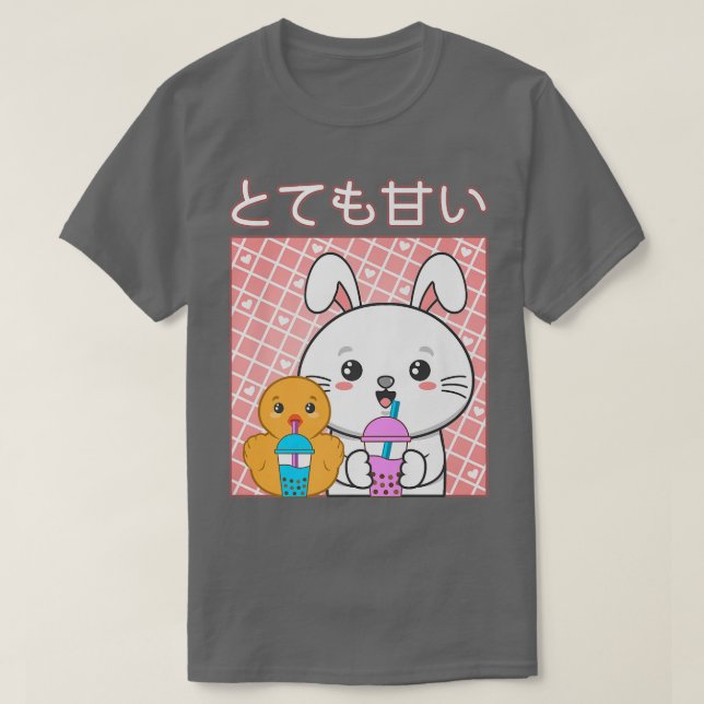 Cute Cat Rabbit Anka Boba Tea Bubble Kawaii Tea Gr T Shirt (Design framsida)