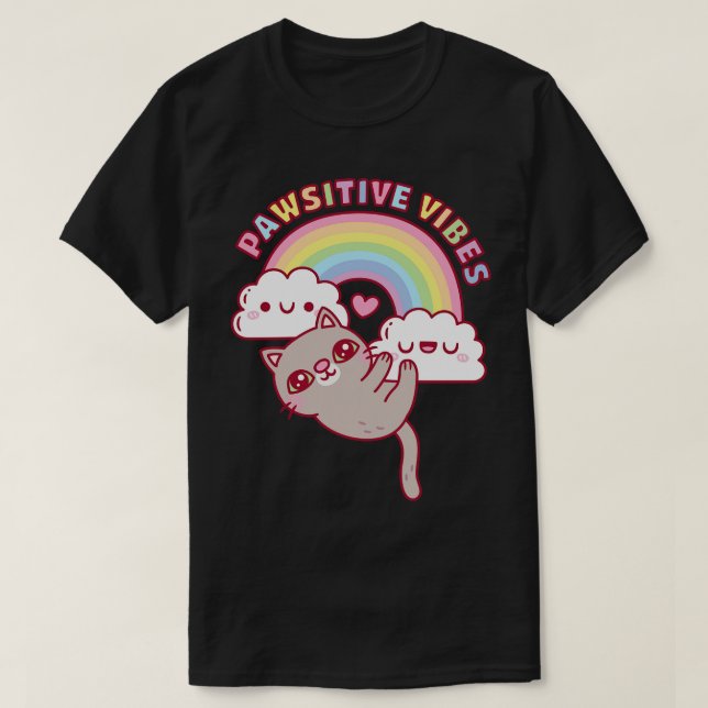 Cute Cat Rainbow and Clouds Pawsitive Vibes T Shirt (Design framsida)