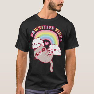 Cute Cat Rainbow and Clouds Pawsitive Vibes T Shirt