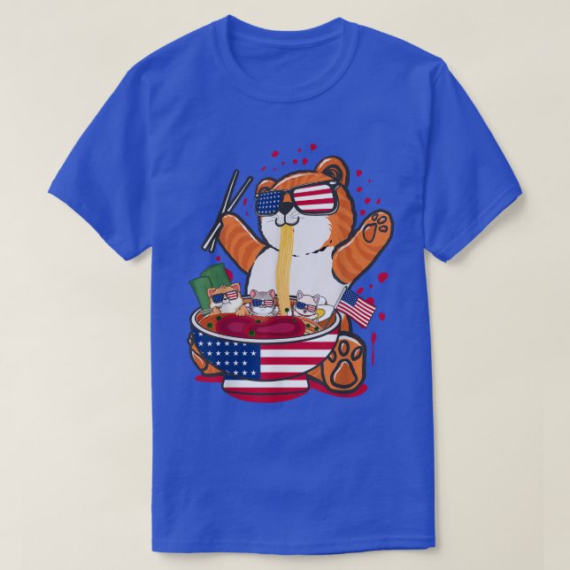 Cute Cat Ramen With American USA Flag Pattern  T Shirt (Design framsida)