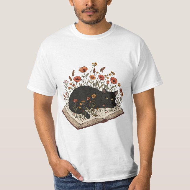 Cute Cat Reading Bok Blommigt Bok Älskare för kvin T Shirt (Framsida)