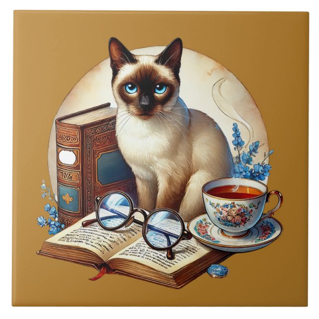 Cute cat reading nook library book lovers  kakelplatta (Framsidan)