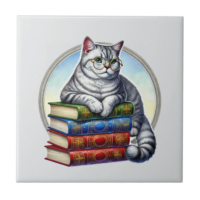 Cute cat reading nook library book lovers  kakelplatta (Framsidan)