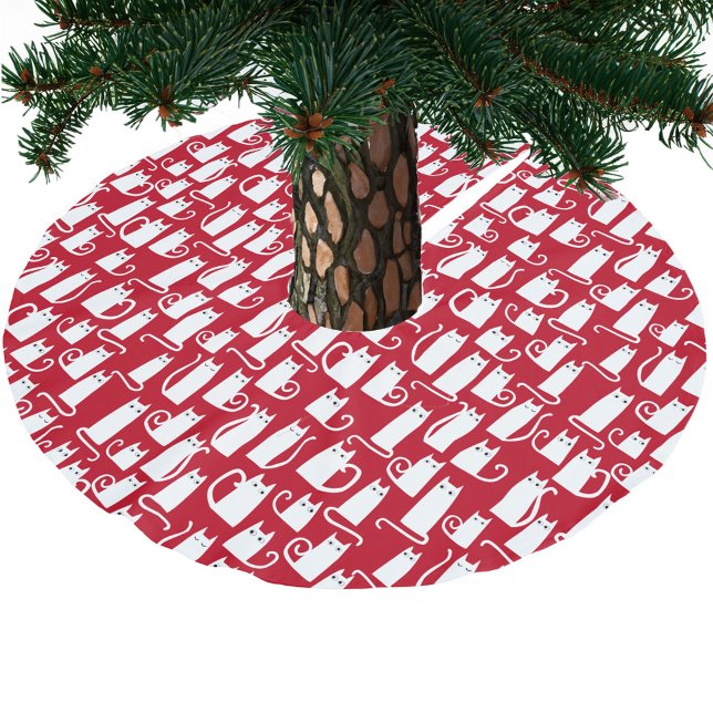 Cute Cat Red and White Julgransmatta Borstad Polyester (Fun red and white kitty cat pattern festive Christmas tree skirt)