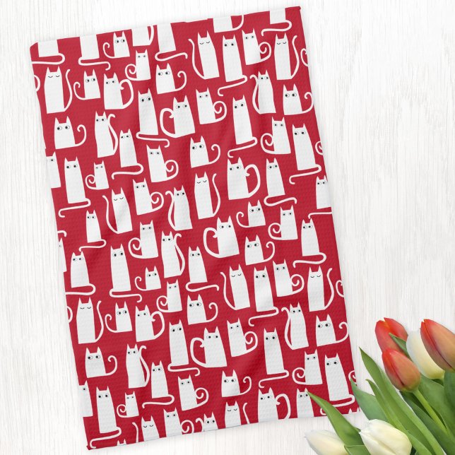 Cute Cat Red and White Kökshandduk (Red and white cat pattern kitchen towel)