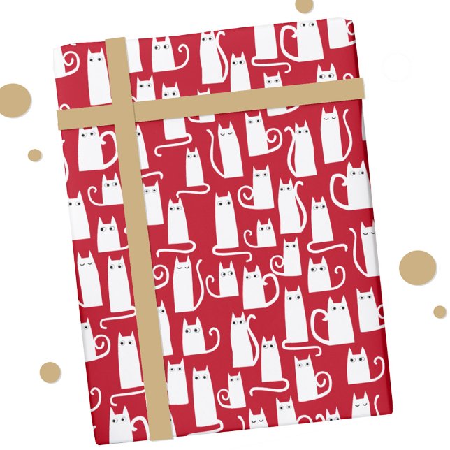 Cute Cat Red and White Presentpapper (Red and white festive cat gift wrap)