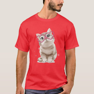 Cute Cat Red Glasses Heart Headband Lycklig Valent T Shirt