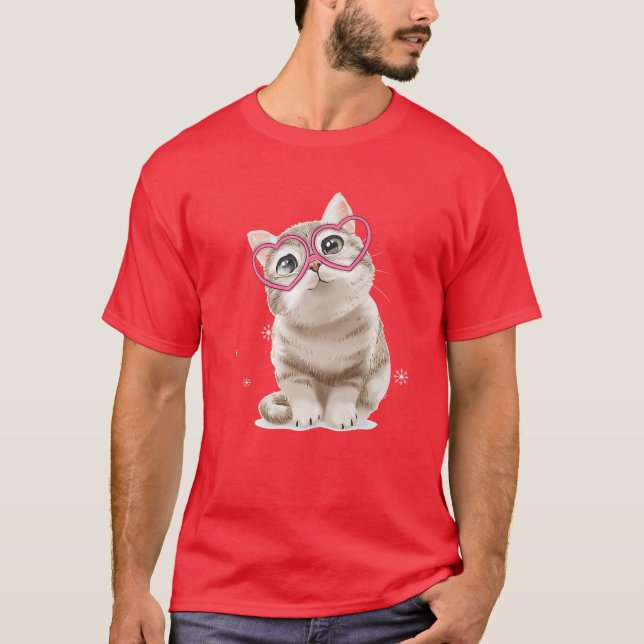 Cute Cat Red Glasses Heart Headband Lycklig Valent T Shirt (Framsida)