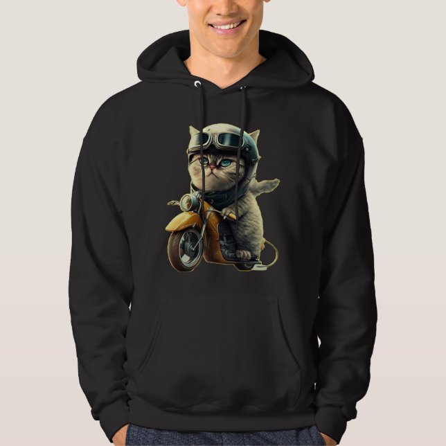 Cute cat riding a motorcycle wearing an helmet hoodie (Framsida)