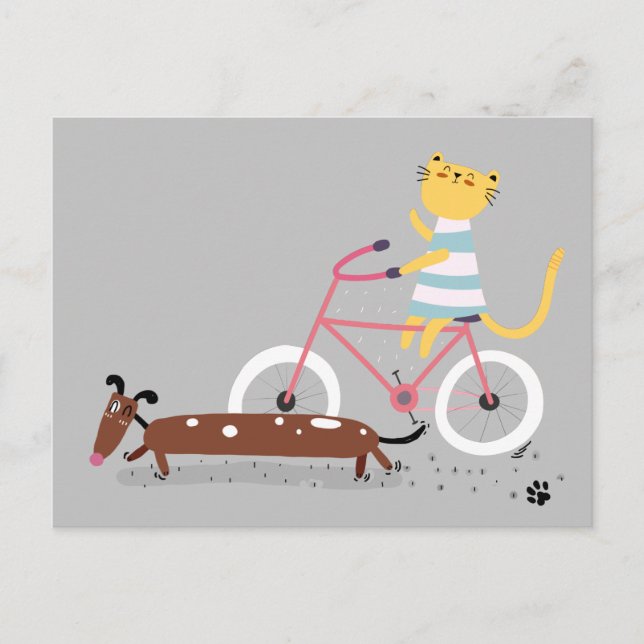 Cute Cat Riding Bicycle med Hund Friend Vykort (Framsida)