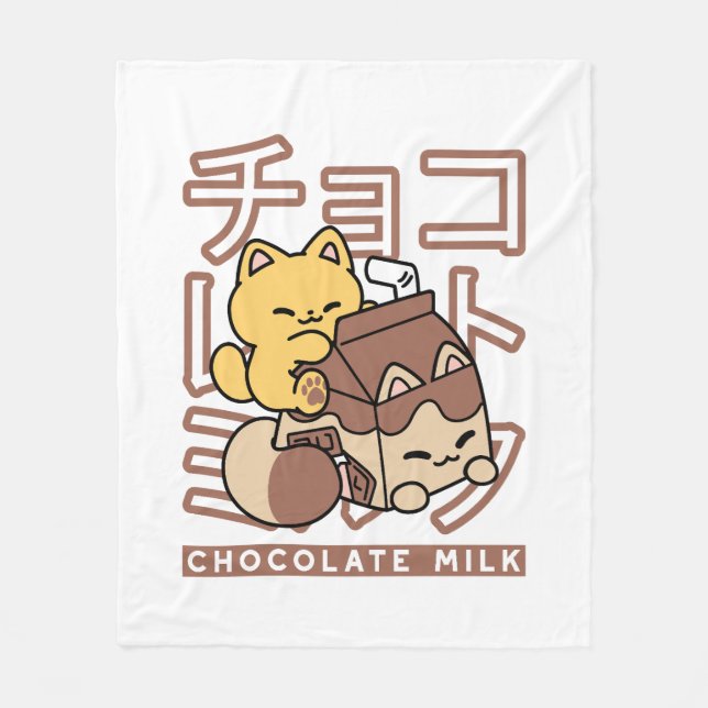 Cute Cat Riding Chocolate Mjölk Carton Kawaii Art Fleecefilt (Framsidan)