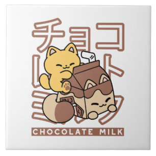 Cute Cat Riding Chocolate Mjölk Carton Kawaii Art Kakelplatta