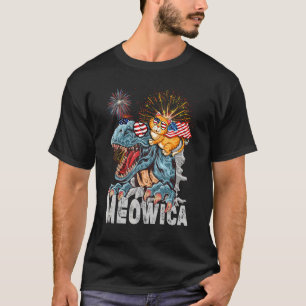 Cute Cat Riding Rex Dinosaur Meowica Merica Americ T Shirt