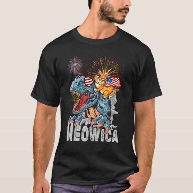 Cute Cat Riding Rex Dinosaur Meowica Merica Americ T Shirt (Framsida)