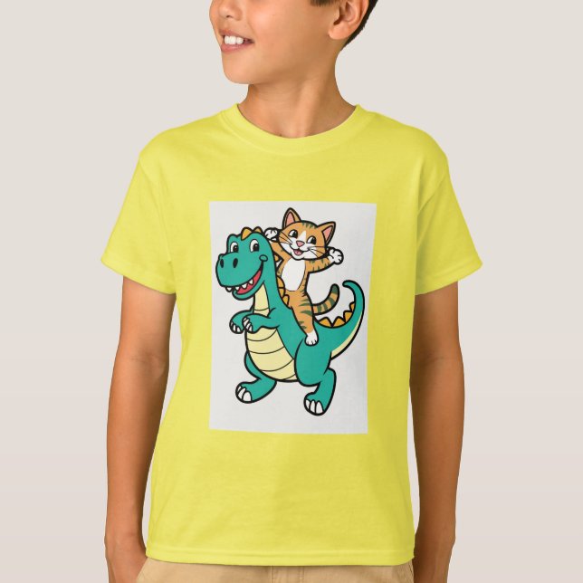 Cute Cat Riding Smiling Dinosaur T-Shirt (Framsida)