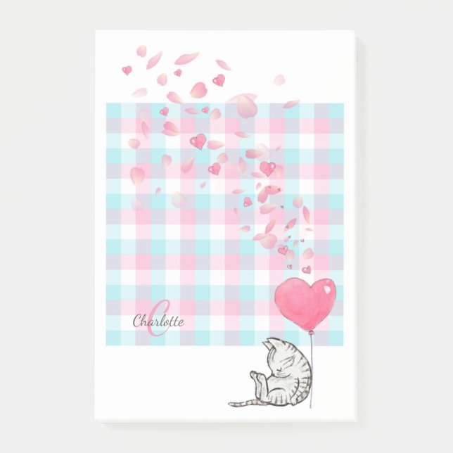 Cute Cat Rosa Blue Monogram Post-it Block (Framsida)