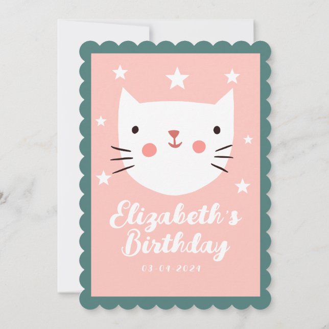 Cute Cat Rosa Grönt Lila Stars Birthag Inbjudningar (Baksida)