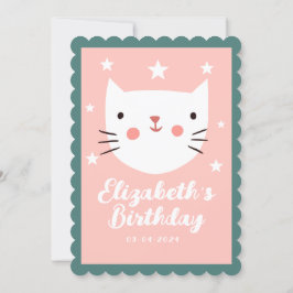Cute Cat Rosa Grönt Lila Stars Birthag Inbjudningar