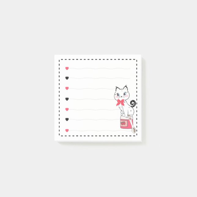Cute Cat Rosa Hearts Girly Post-it Block (Framsida)