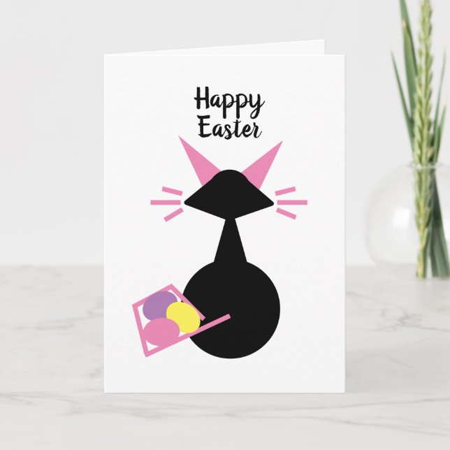 Cute Cat Rosa Kattunge Eggs Black Cat Glad påsk Helgkort (Framsida)