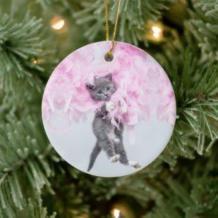 Cute Cat rosa plume Julgransprydnad Keramik