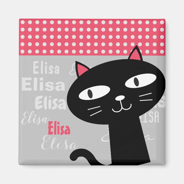 Cute cat rosa polka dots personlig namn magnet (Framsidan)