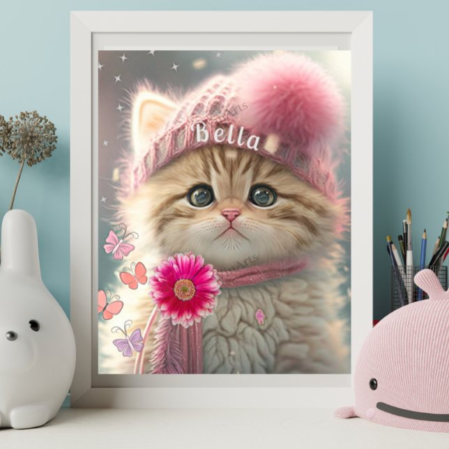 Cute Cat Rosa Sticka Scarf Hat Blommigt Personlig Poster (Skapare uppladdad)
