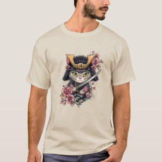 Cute Cat Samurai Cherry Blommar Art T Shirt