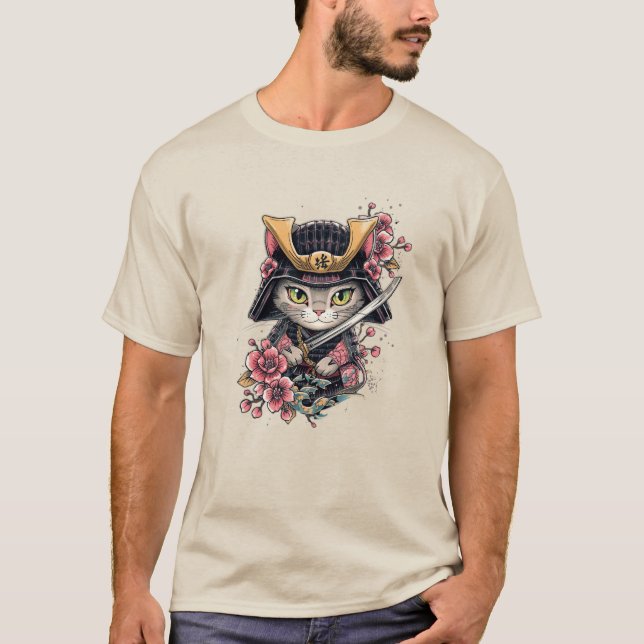 Cute Cat Samurai Cherry Blommar Art T Shirt (Framsida)