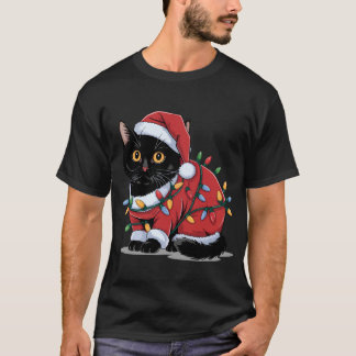 Cute Cat Santa Hat Costume Christmas Lights  T Shirt