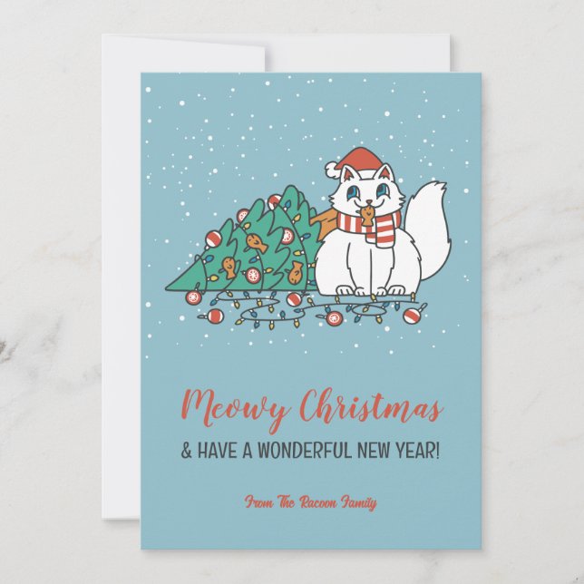 Cute Cat Santa Hat Snowy Winter Meowy jul Julkort (Framsida)
