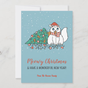 Cute Cat Santa Hat Snowy Winter Meowy jul Julkort