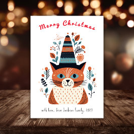 Cute Cat Scandinavian Folk Art jul Julkort