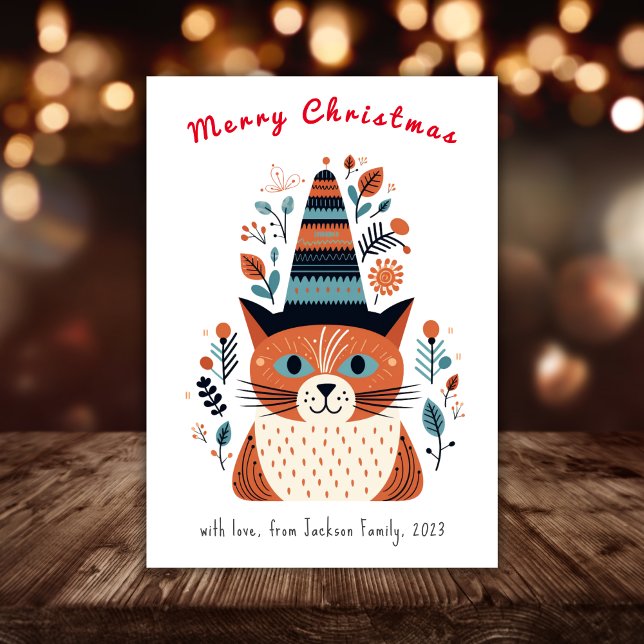 Cute Cat Scandinavian Folk Art jul Julkort (Scandinavian Folk Art Christmas Card)