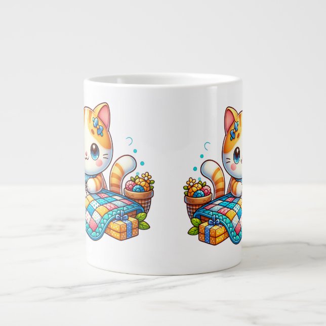 Cute Cat Sewing quilt Ceramic Mugg Jumbo Mugg (Framsidan)