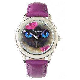 Cute Cat Siamese Ansikte Add Namn Lila Illustratio Armbandsur