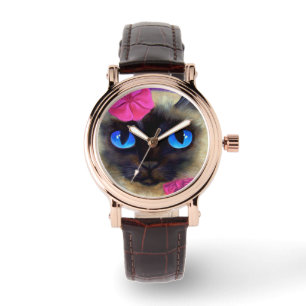 Cute Cat Siamese Ansikte Illustration Wrist Armbandsur
