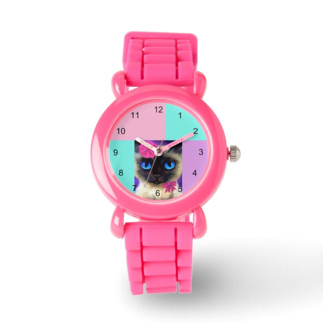 Cute Cat Siamese Rosa Glitter Illustration Wrist Armbandsur (Framsida)