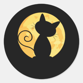 Cute Cat Silhouette Full Moon Halloween Funny Runt Klistermärke