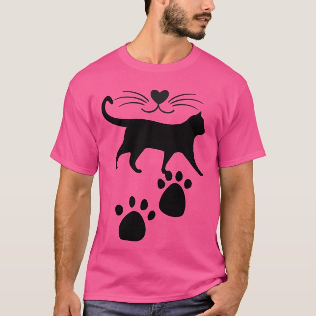 Cute Cat Silhouette med hjärtnäsa och Tass avtryck T Shirt (Framsida)